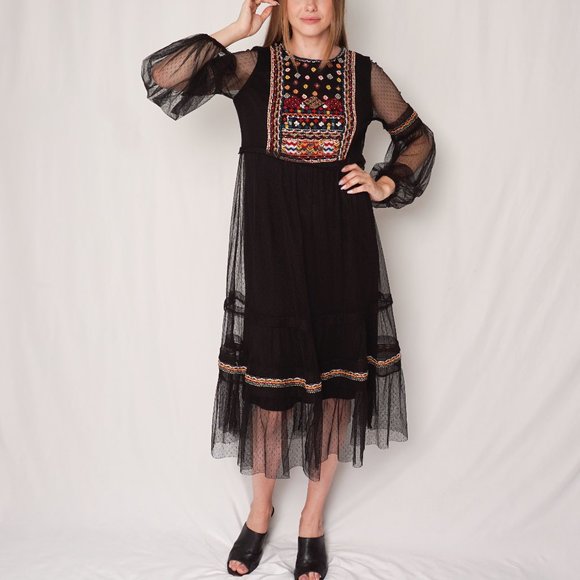 Zara Beaded Embroidered Mesh Black Midi Dress - Picture 9 of 9